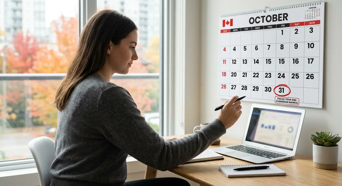 Financial calendar showing October 31st fiscal year end for Canadian banks