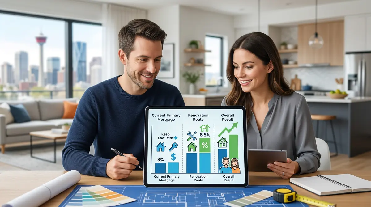 Comparison chart showing the financial benefits of keeping a low-interest primary mortgage while using a second mortgage for renovations in Calgary