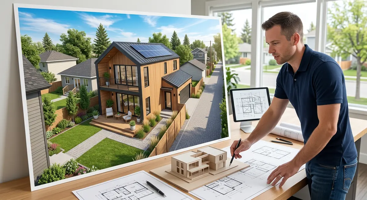 Architectural rendering of a modern backyard laneway suite approved under Calgary's 2026 R-CG zoning amendments