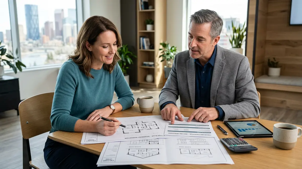 A Calgary homeowner reviewing construction plans and second mortgage financing documents with a financial advisor