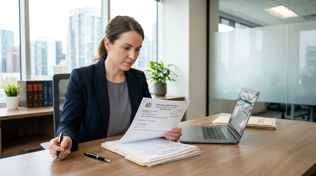 A legal professional reviewing an Alberta Land Titles Office certified copy of title document on a modern desk