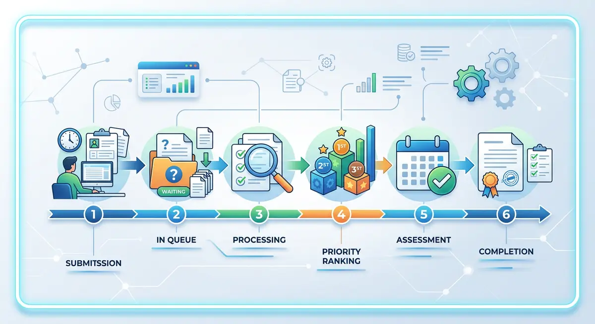 A chronological timeline graphic showing the Pending Registration Queue process and priority ranking in Alberta