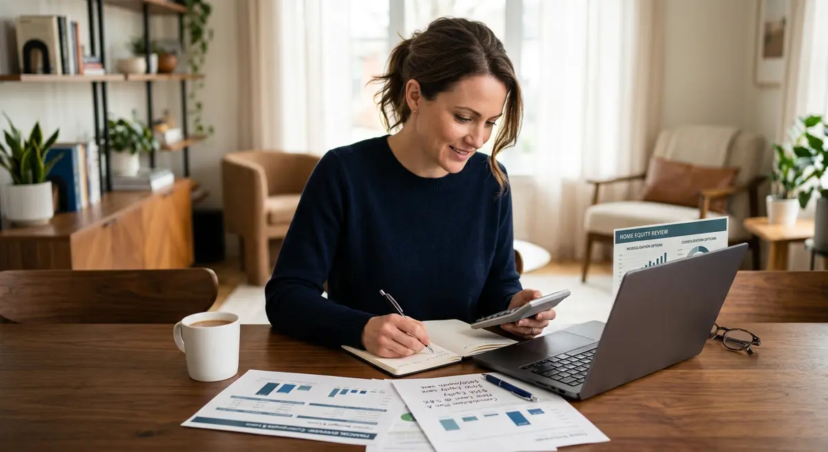 A homeowner reviewing financial documents and calculating home equity consolidation strategies