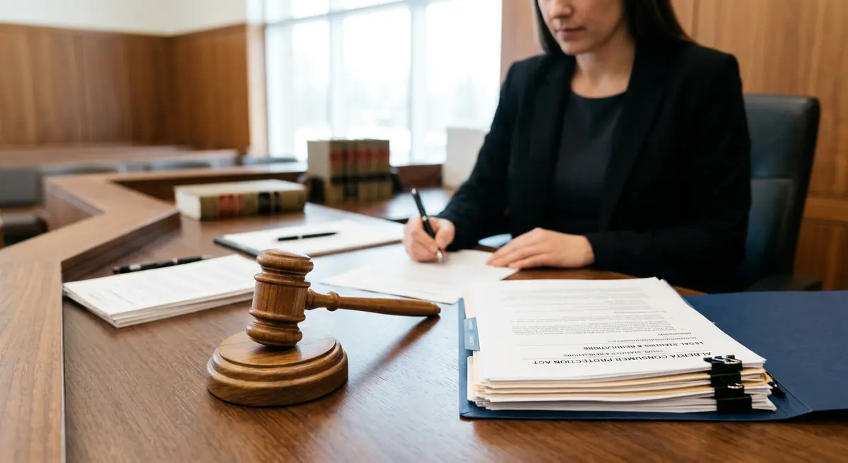 Legal documents and a gavel representing the Alberta Consumer Protection Act