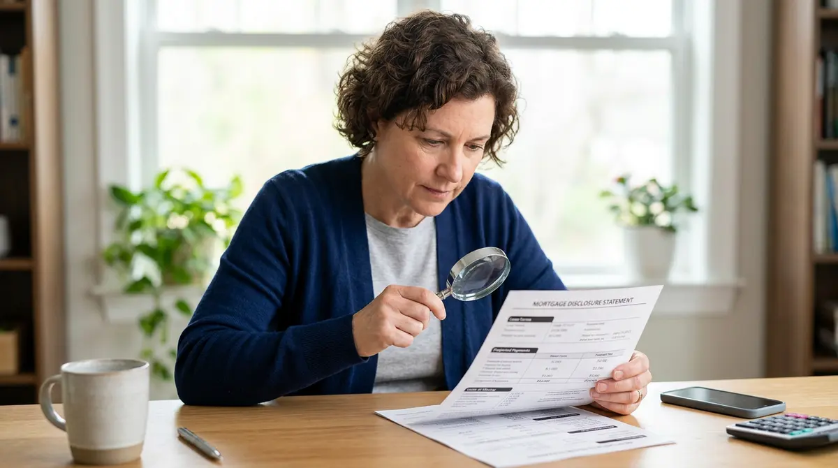 A borrower reviewing a mortgage disclosure statement with a magnifying glass