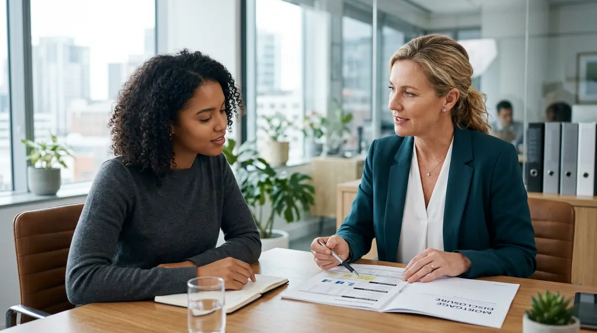 A mortgage broker explaining a disclosure statement to a client