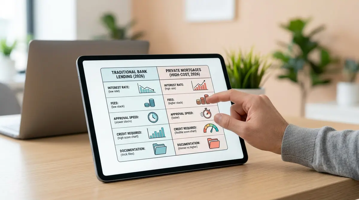 A comparison table showing the differences between traditional bank lending and high-cost private mortgages in 2026