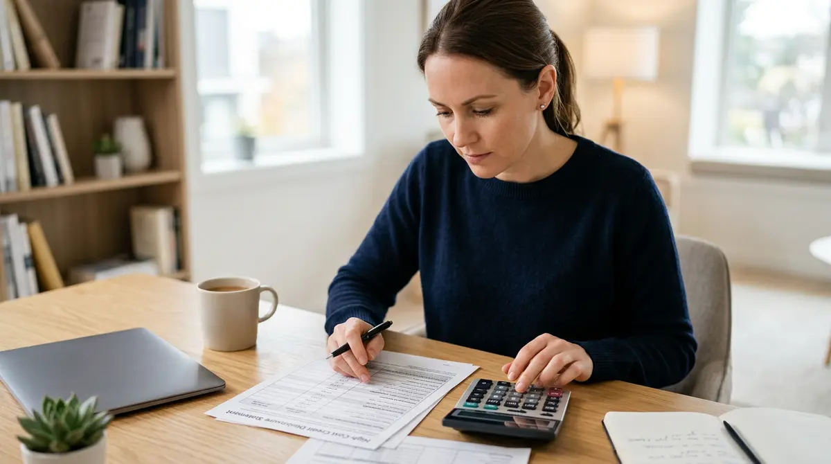 A borrower reviewing a high-cost credit disclosure statement with a calculator