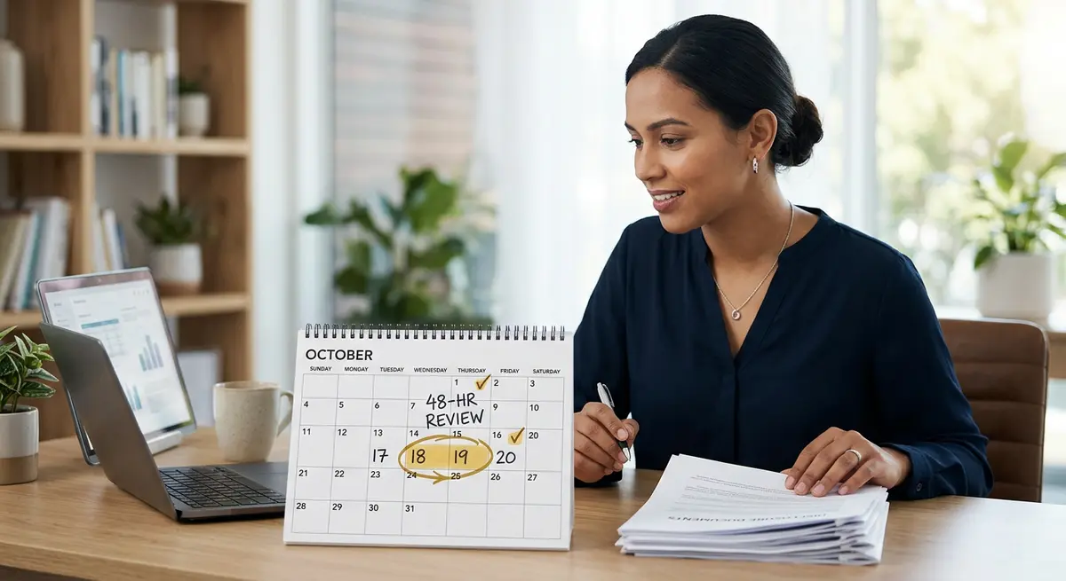 A calendar highlighting a 48-hour pre-signing disclosure review period