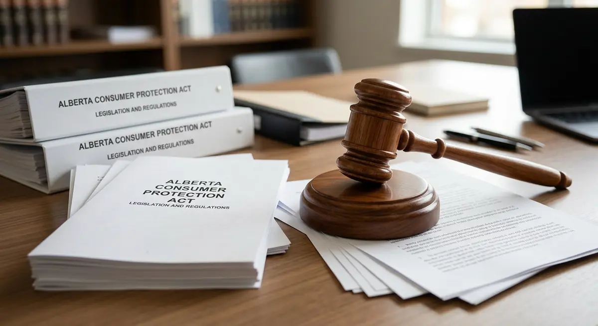 Legal gavel resting on Alberta Consumer Protection Act documents