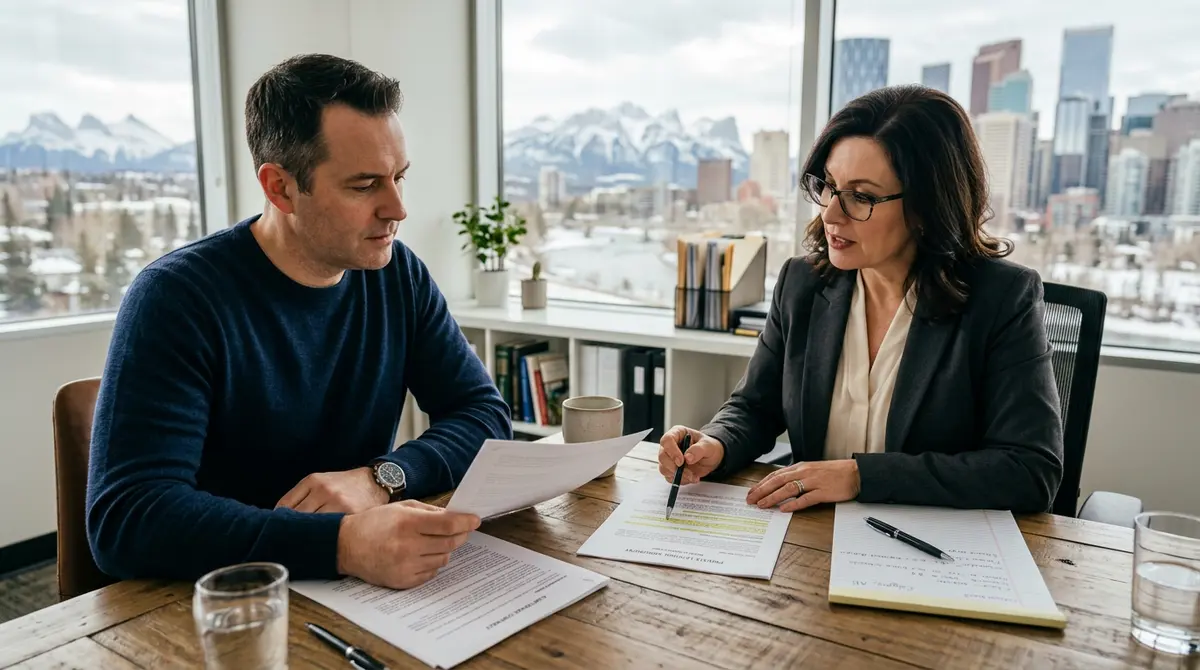 A homeowner reviewing private lending documents with an independent real estate lawyer in Alberta