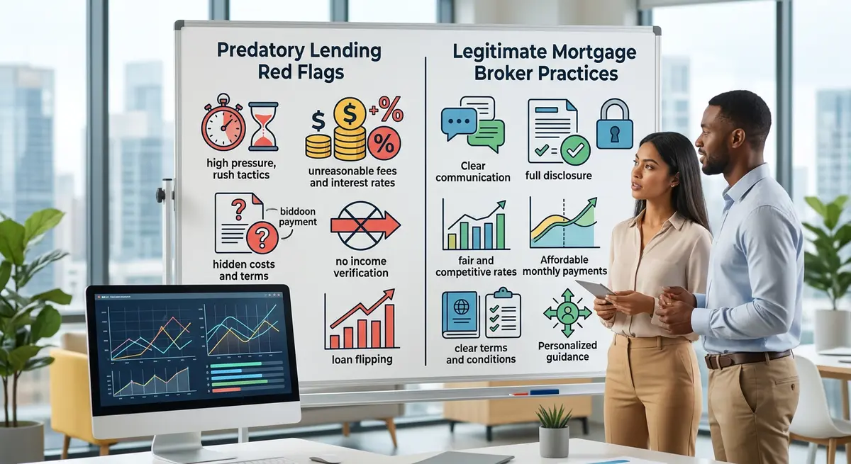 Comparison chart showing red flags of predatory lending versus legitimate mortgage broker practices