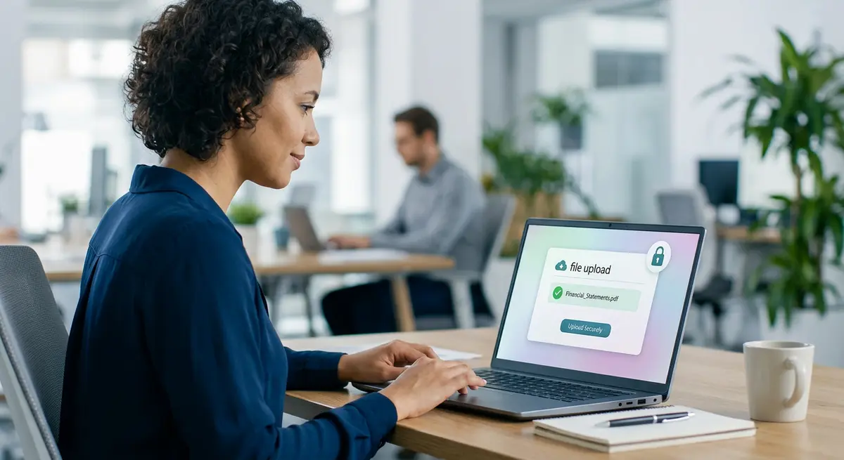 Secure digital portal interface demonstrating encrypted document uploads for financial applications