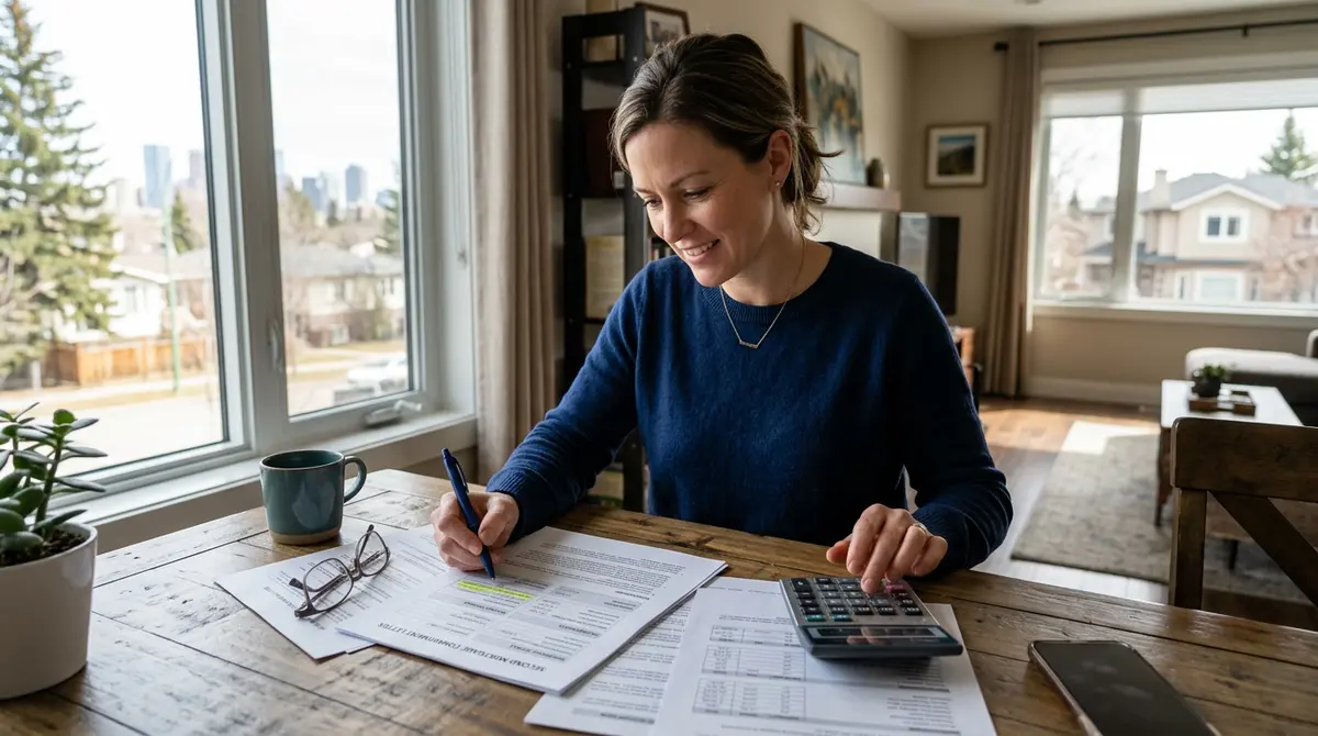 A Calgary homeowner reviewing the anatomy of a second mortgage commitment letter with a calculator and pen