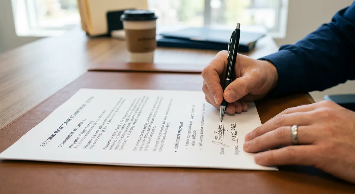 Close up of a signature on a Calgary second mortgage commitment letter highlighting conditions precedent