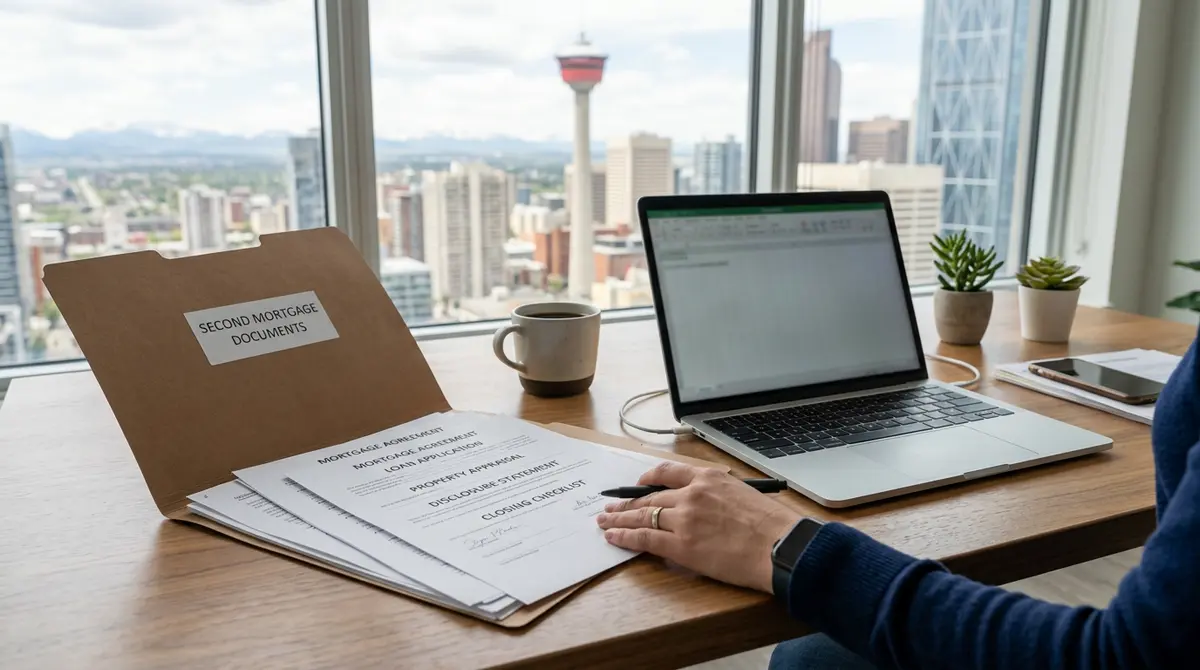 A folder of organized second mortgage documents sitting on a desk next to a laptop in Calgary