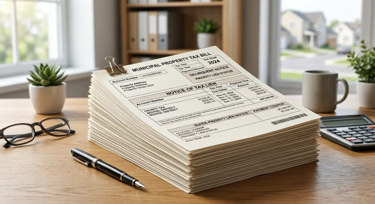 A stack of municipal property tax bills representing super-priority liens