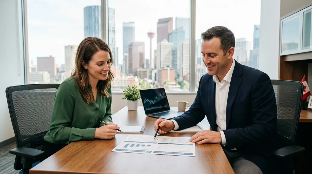 A Calgary homeowner reviewing mortgage compounding frequency documents with a financial advisor