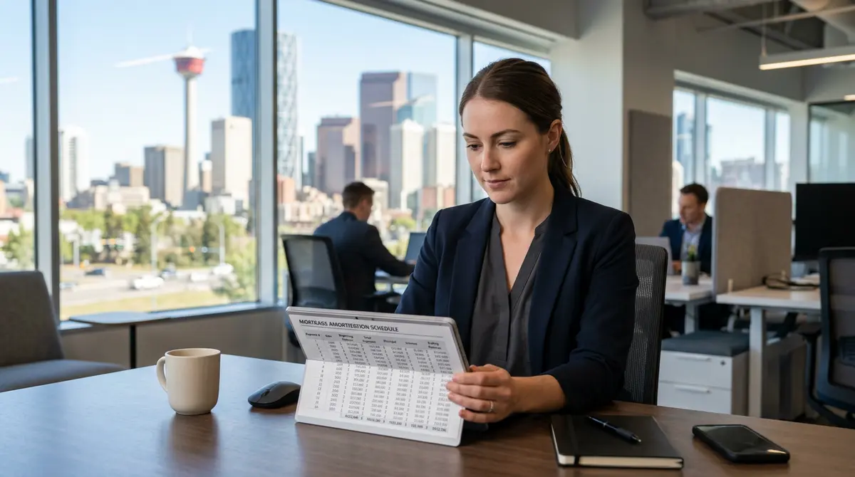 A financial analyst reviewing a mortgage amortization schedule on a tablet in a Calgary office