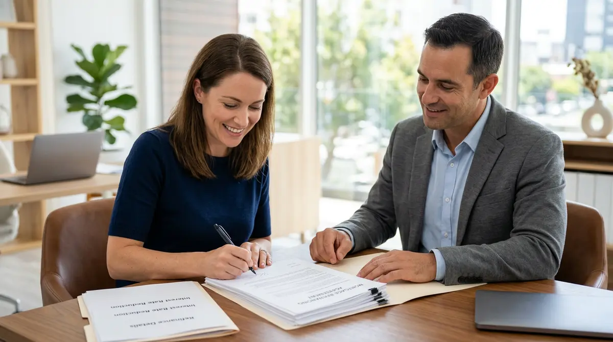 A homeowner signing mortgage refinancing documents with a broker to secure a lower interest rate
