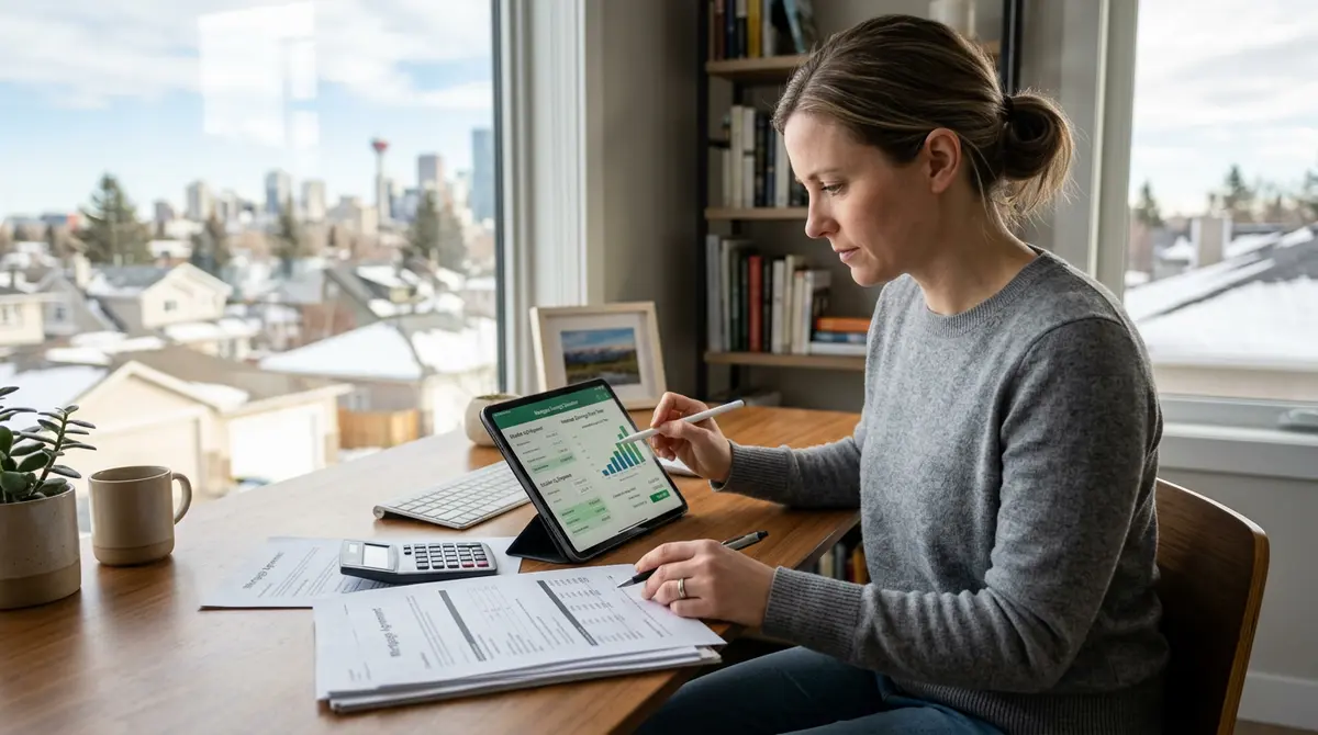 A Calgary homeowner reviewing mortgage documents and calculating the double-up strategy savings on a tablet
