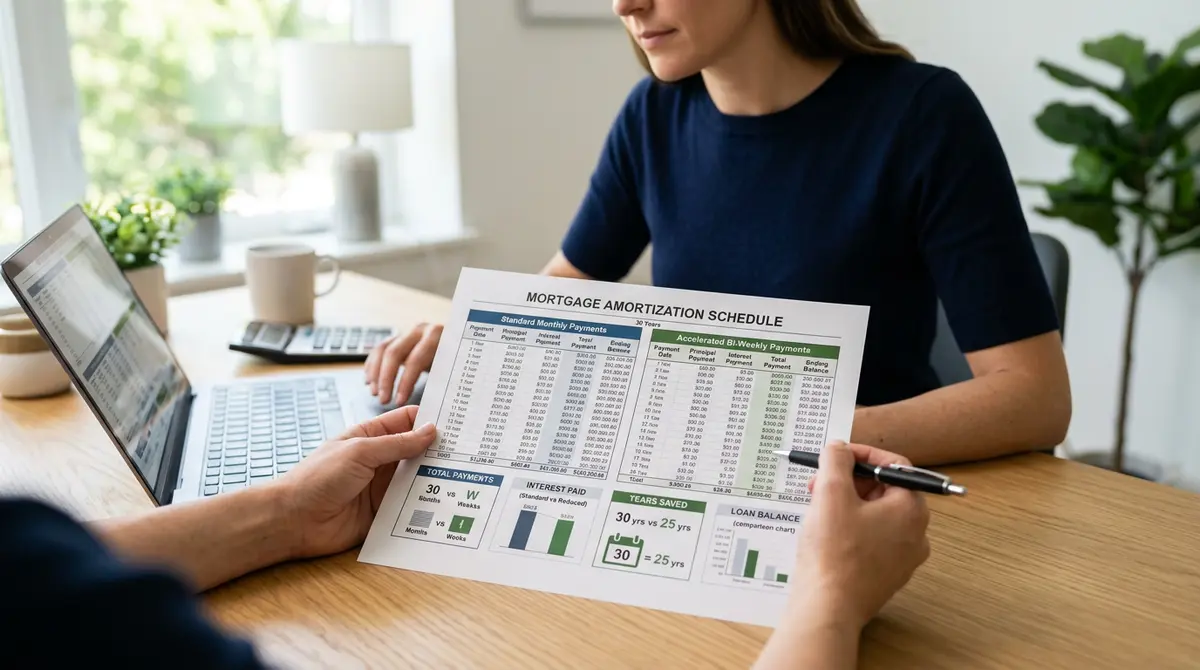 A detailed view of a mortgage amortization schedule showing the impact of accelerated bi-weekly payments