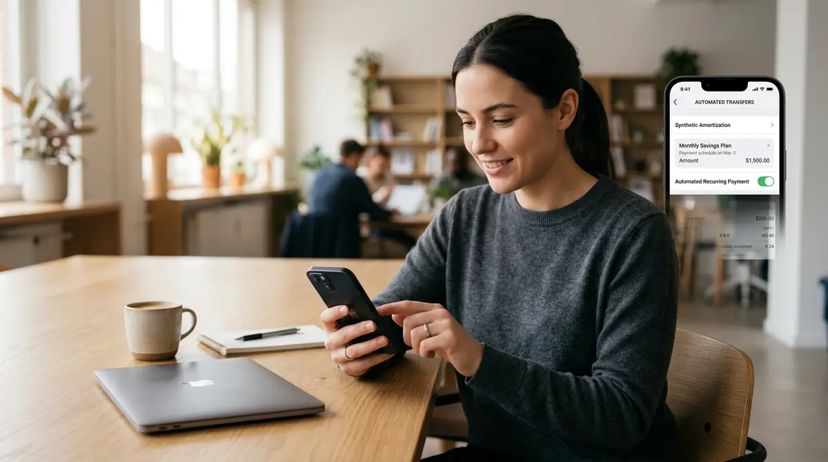 A person setting up automated synthetic amortization transfers on a mobile banking application