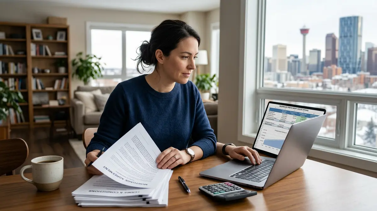 A Calgary homeowner reviewing mortgage documents and calculating prepayment limits on a laptop