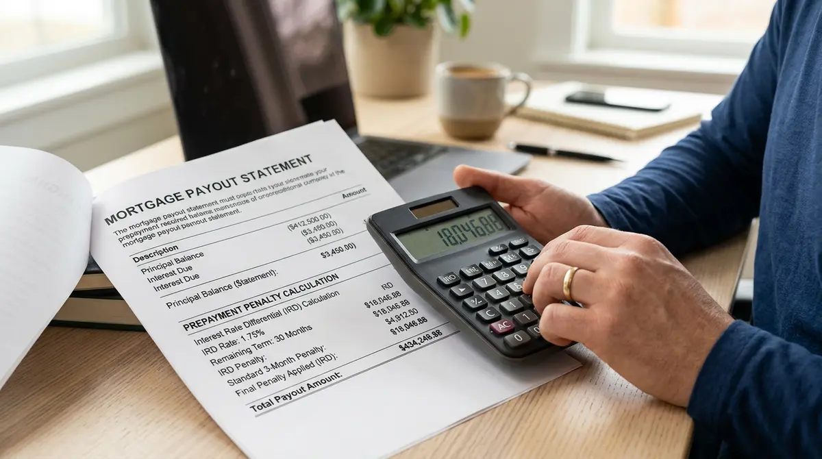 A close-up of a calculator and a mortgage payout statement showing prepayment penalty calculations
