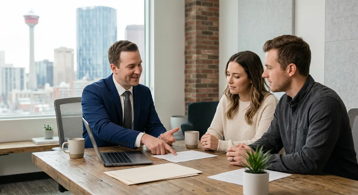 A couple discussing their financial strategy and emergency liquidity with a Calgary mortgage broker