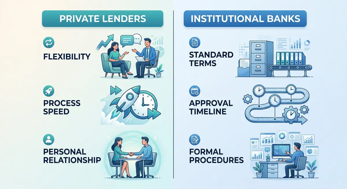 A comparison chart showing the differences between private lenders and institutional banks in mortgage payment processing