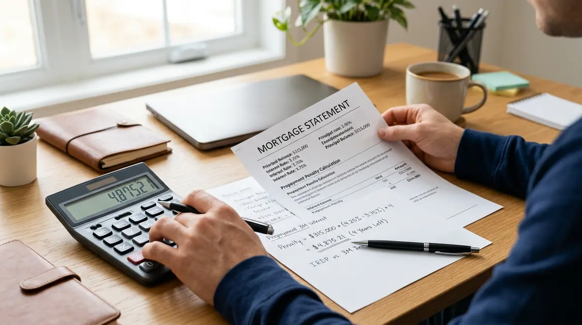 A calculator and financial documents showing the calculation of mortgage prepayment penalties