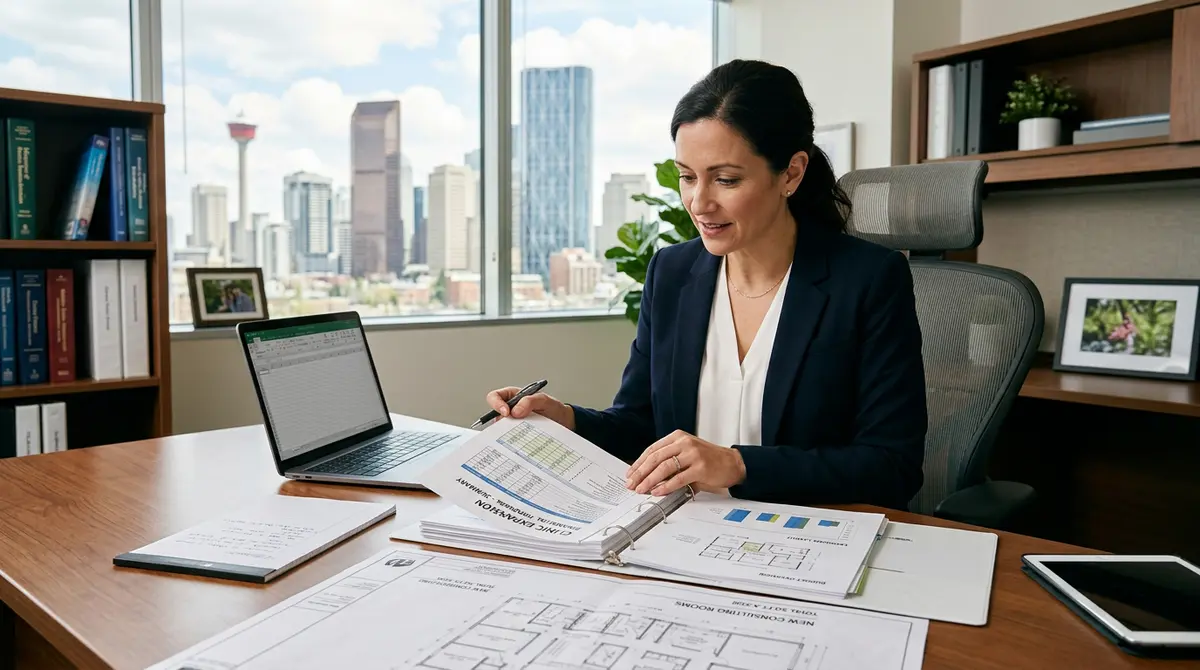 Calgary medical professional reviewing clinic expansion financial documents