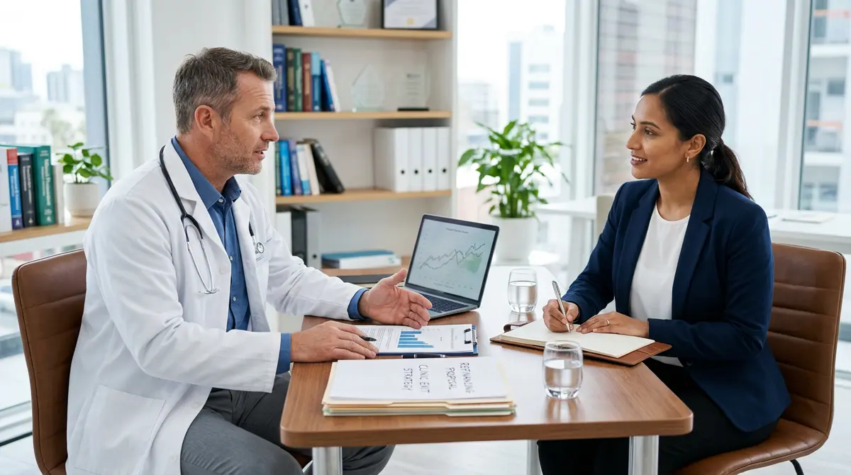 Doctor consulting with financial advisor regarding clinic exit strategy and refinancing