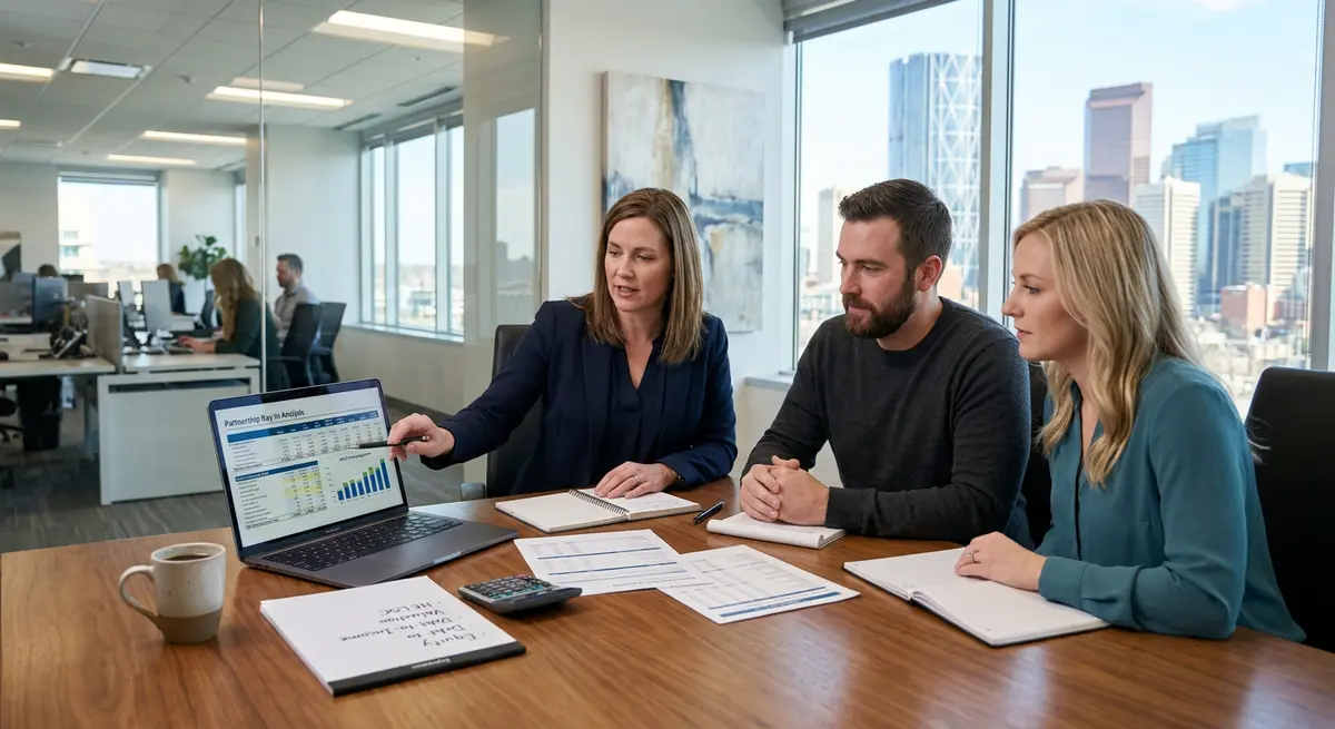 Accountant analyzing a partnership buy-in structure using home equity financing in Calgary