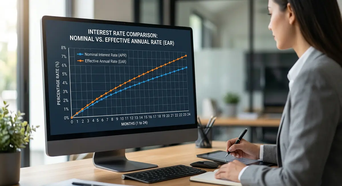 A financial chart comparing nominal interest rates versus effective annual rates over a 24-month term