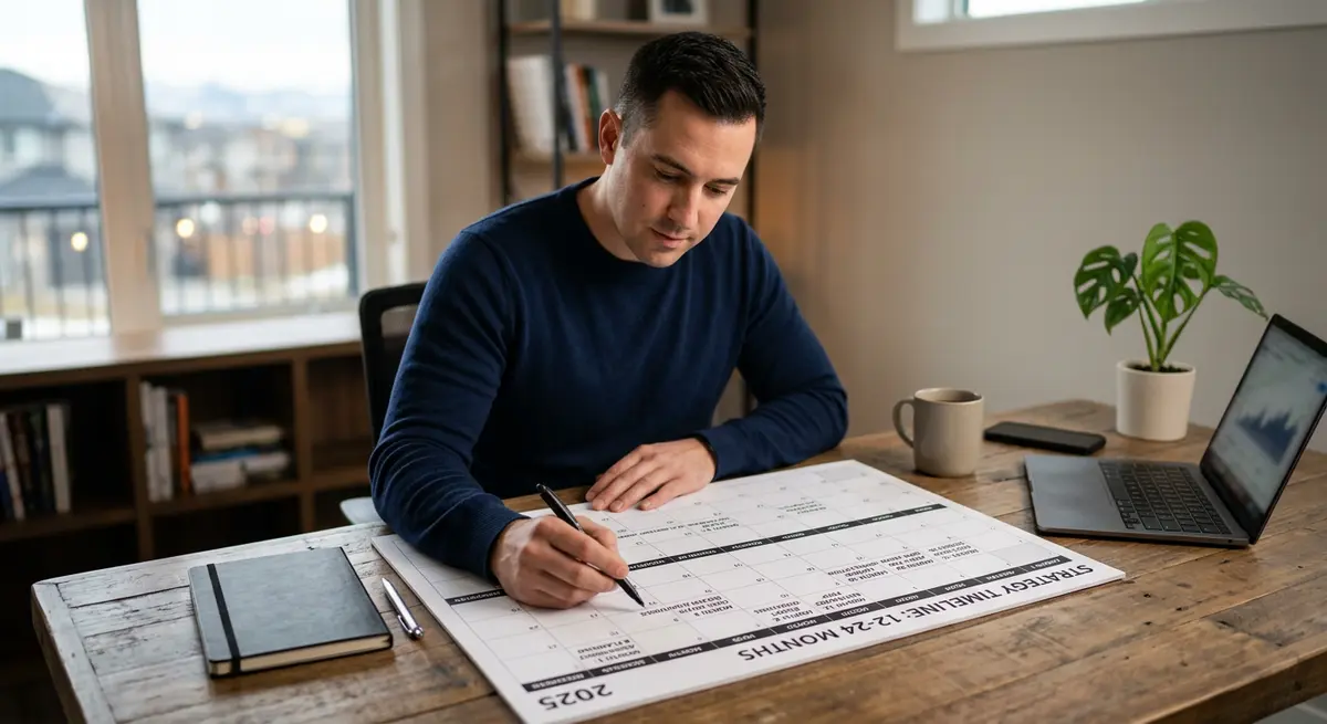 A calendar showing a 12-to-24 month exit strategy timeline for refinancing a private mortgage in Alberta