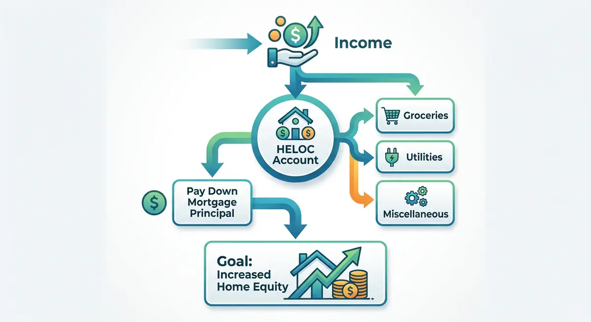 Diagram illustrating the flow of funds in a HELOC income sweeping strategy