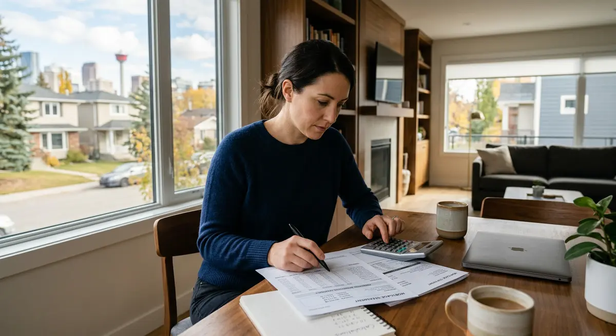 A Calgary homeowner reviewing mortgage documents and calculating principal reduction
