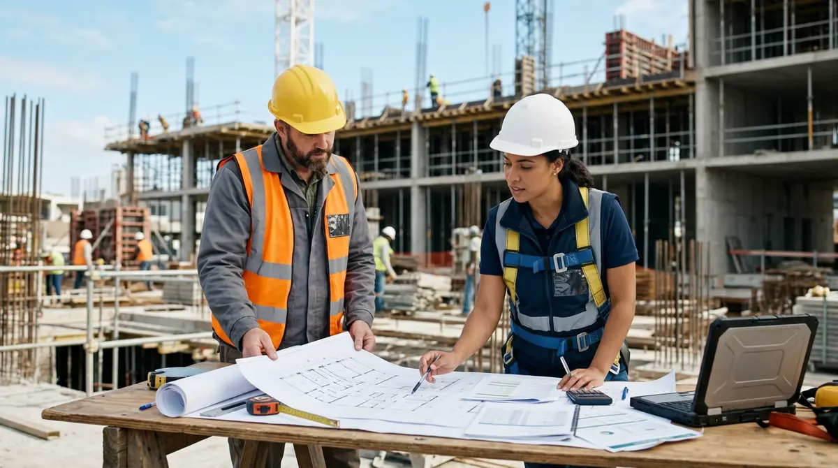 Construction worker reviewing blueprints and financial documents on a job site