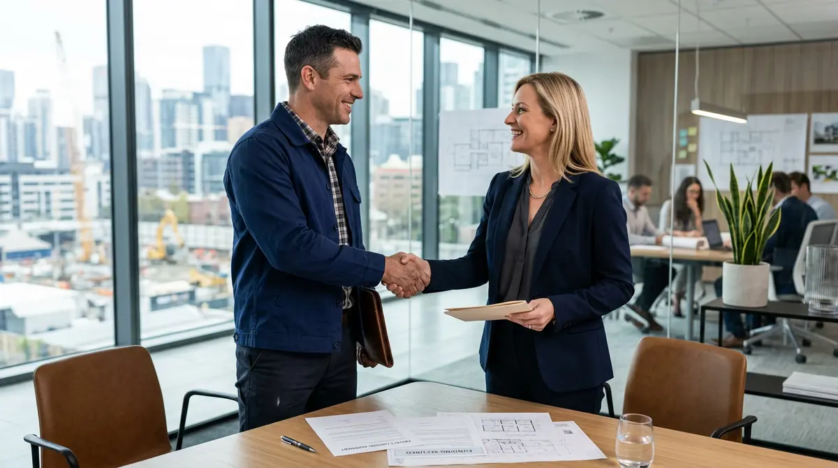 Contractor shaking hands with a financial advisor after securing project funding