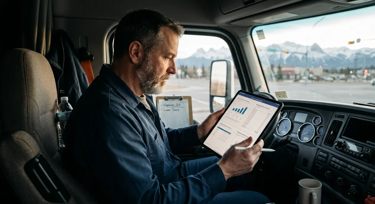 A Calgary truck driver reviewing business bank statements and mortgage documents on a tablet inside the cab of a commercial truck.