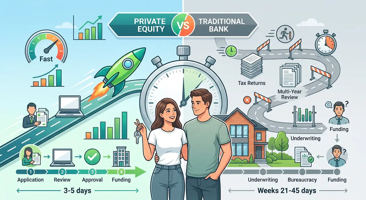 A comparison chart showing the fast approval times of private equity mortgages versus traditional bank loans for self-employed individuals.