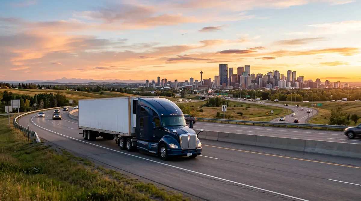 A heavy-duty commercial transport truck driving on an Alberta highway with the Calgary skyline in the background during sunset.