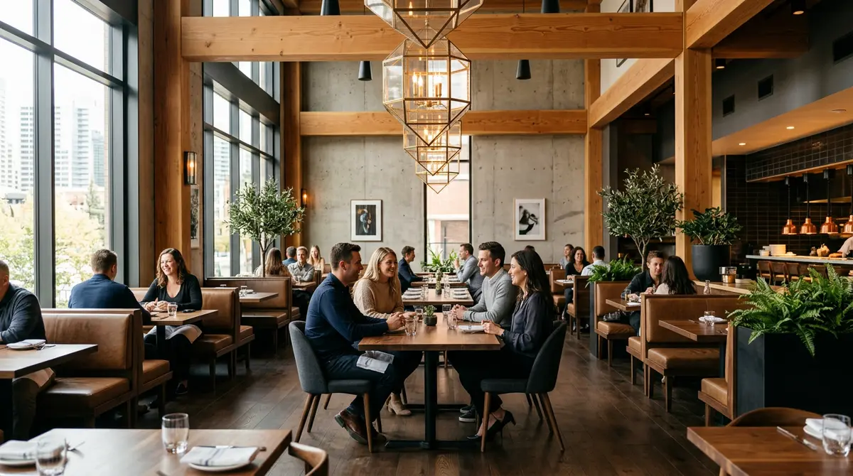 Modern renovated restaurant dining room in Calgary featuring custom lighting and bespoke furniture