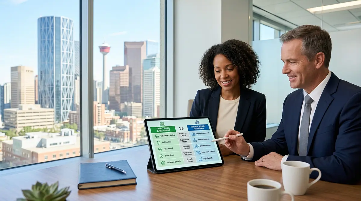 Comparison chart showing traditional bank loans versus private equity financing for Calgary business owners