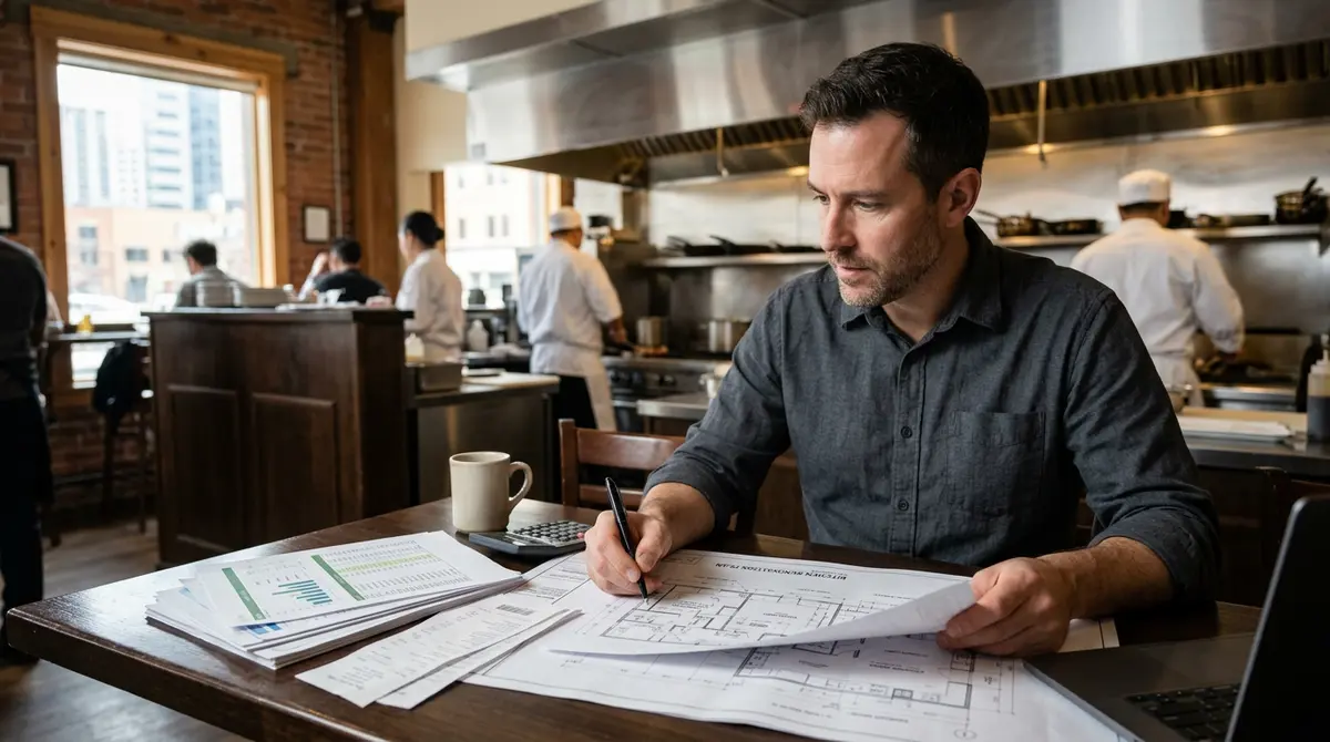 Calgary restaurant owner reviewing financial documents and blueprints for a commercial kitchen renovation