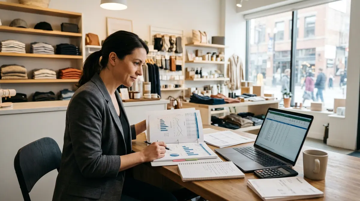 Calgary retail business owner reviewing inventory and financial documents in a storefront
