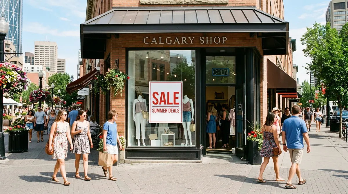 Calgary storefront with a 'Sale' sign during the busy summer season