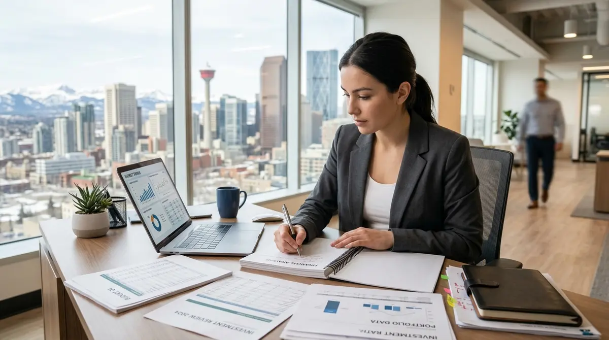 Professional studying at a desk with financial documents and a laptop in Calgary
